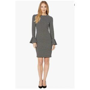 Size 6 Chaps Black White Stripe Ponte Knit Sheath Dress Flared Bell Sleeve